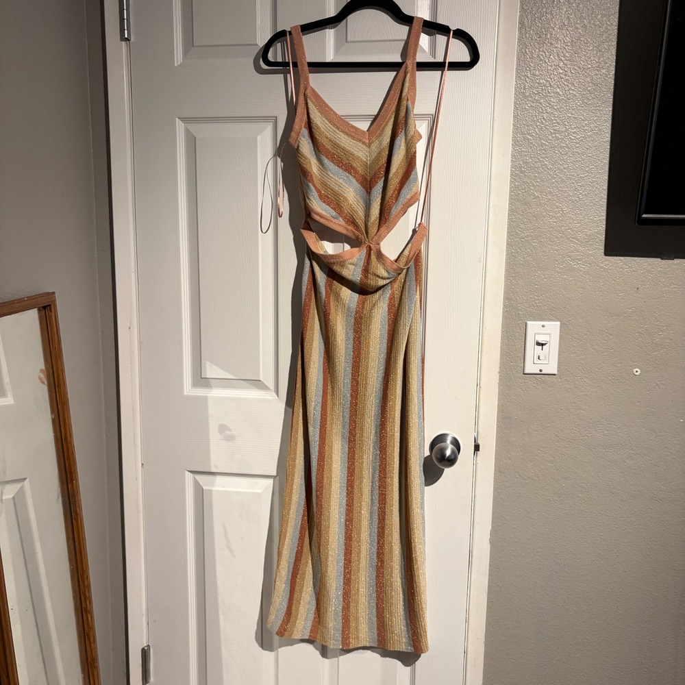 Metallic Striped Cutout Midi Dress V-Neck Sleeveless Open Back MultiColor Medium